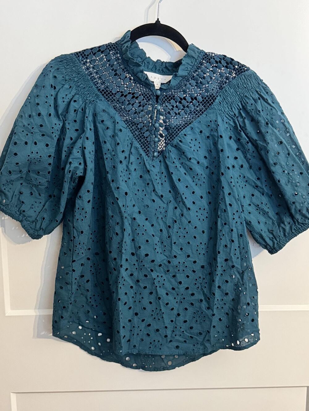 ADIVA Tunic Blouse Womens Medium Blue Eyelet Lace High Neck Puff Sleeve Boho